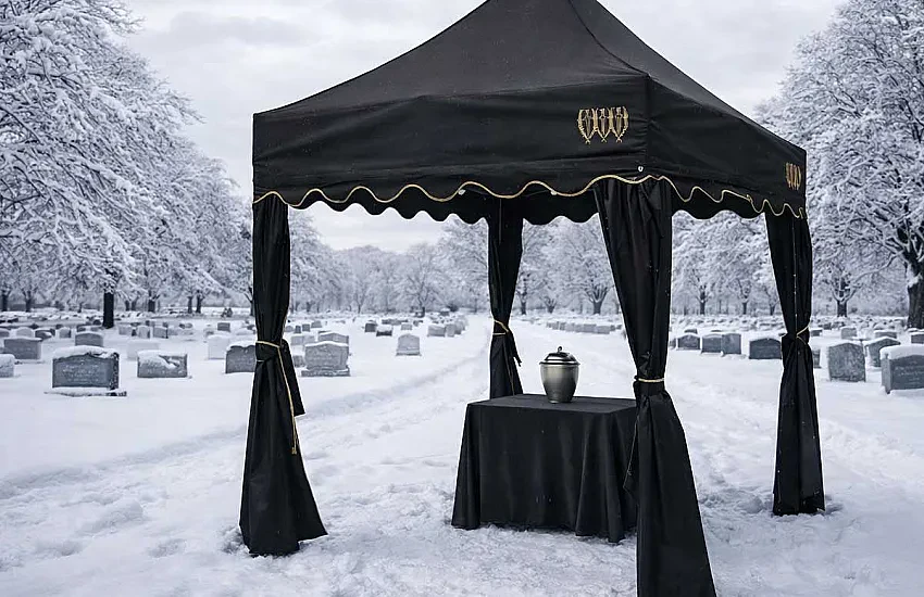 Namioty pogrzebowe zimą – jak przygotować ceremonię w plenerze na mróz, śnieg i wiatr
